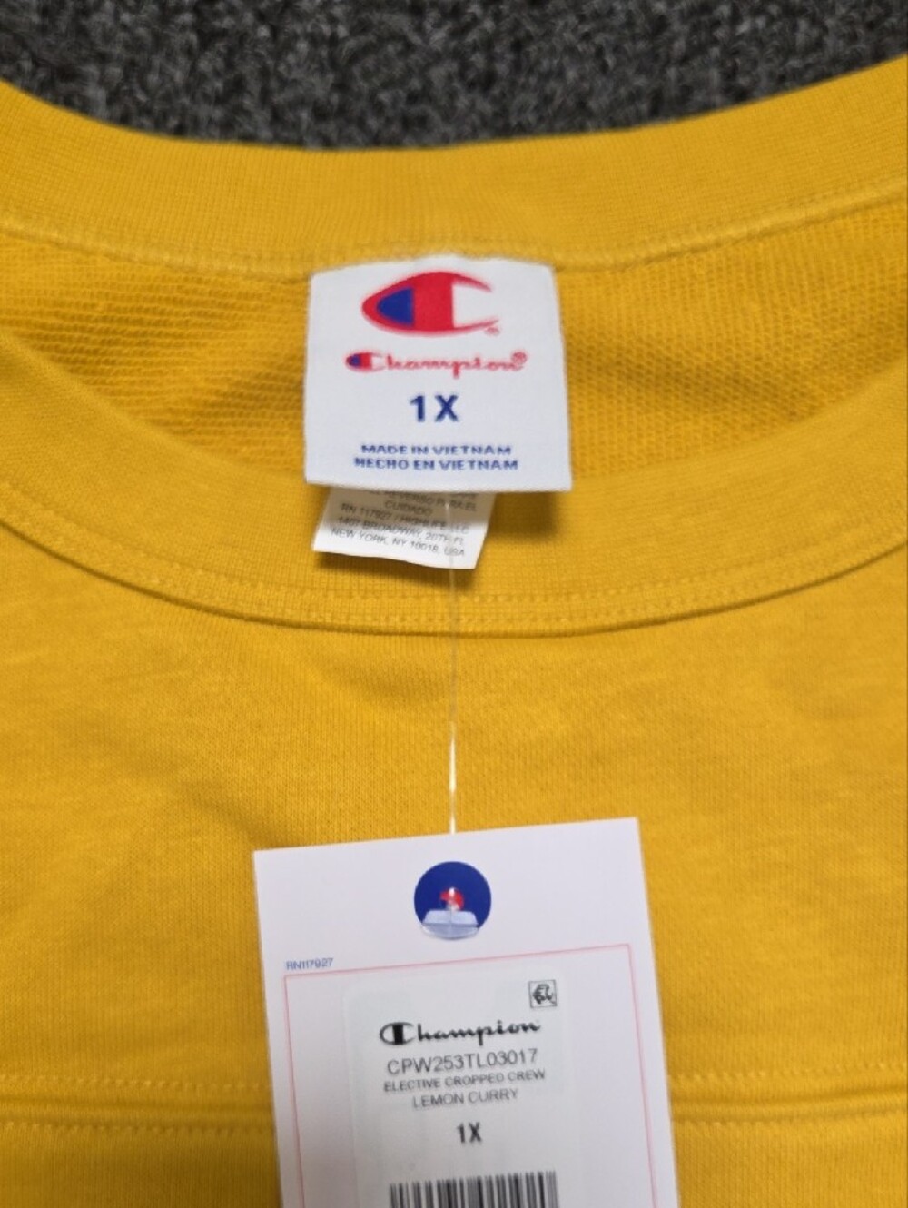 (#2C) Champion Mustard Yellow Crewneck Sweatshirt with Striped Hem - Picture 2 of 9